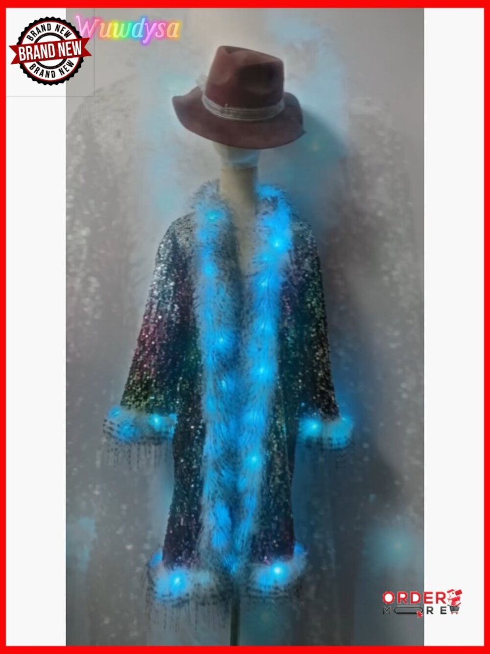 LED Light Up Sequin Coat Small Faux Fur Music Festival Party Jacket - Picture 7 of 7